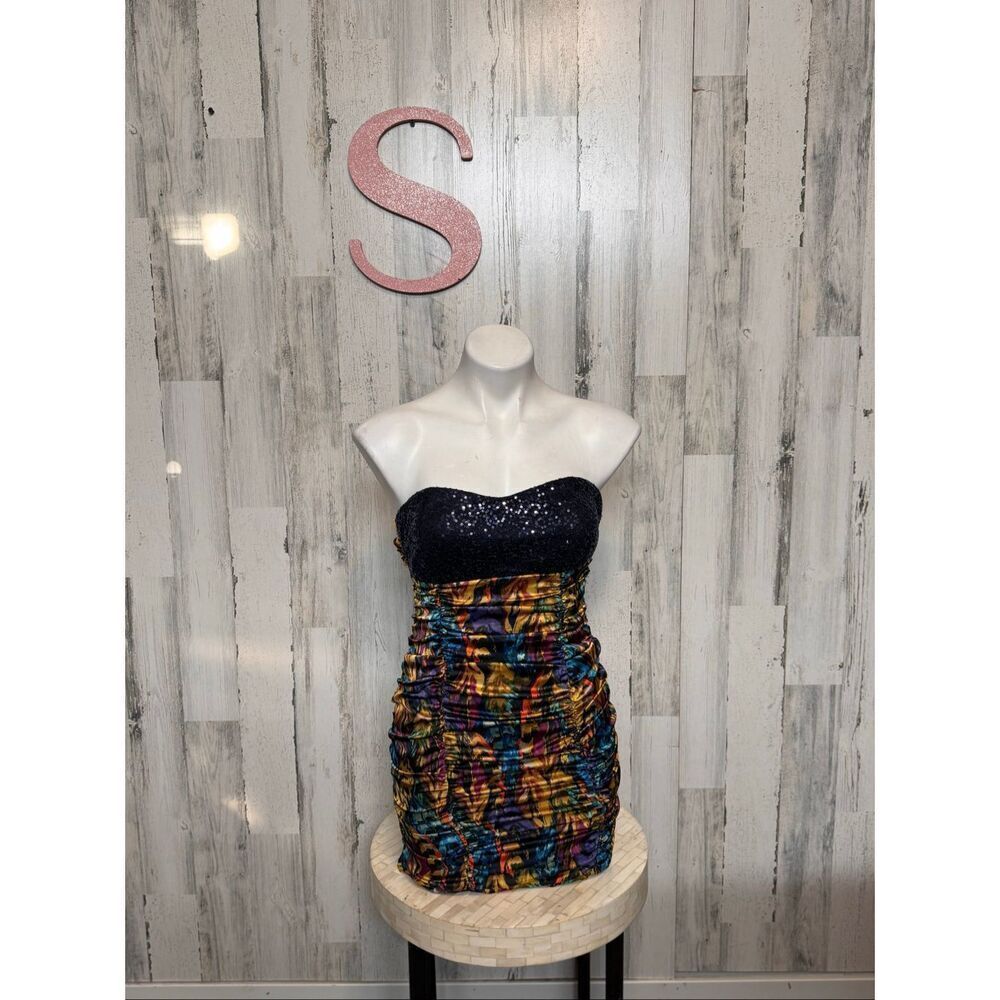 Wishes Wishes Strapless Sequin Bodice Multicolor Ruched Mini Dress Size Small